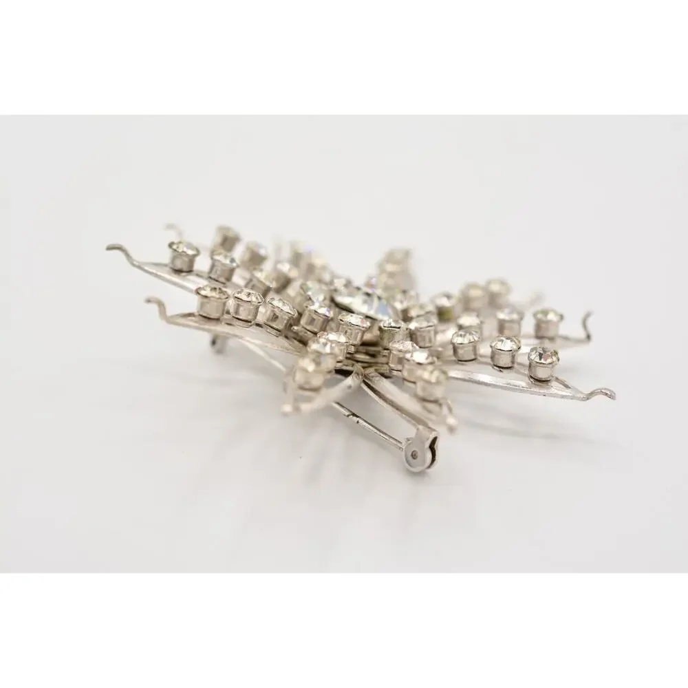 Vintage Crystal Flower Pin Brooch Baguette Prong Rhinestone Silver 1960s BinAL